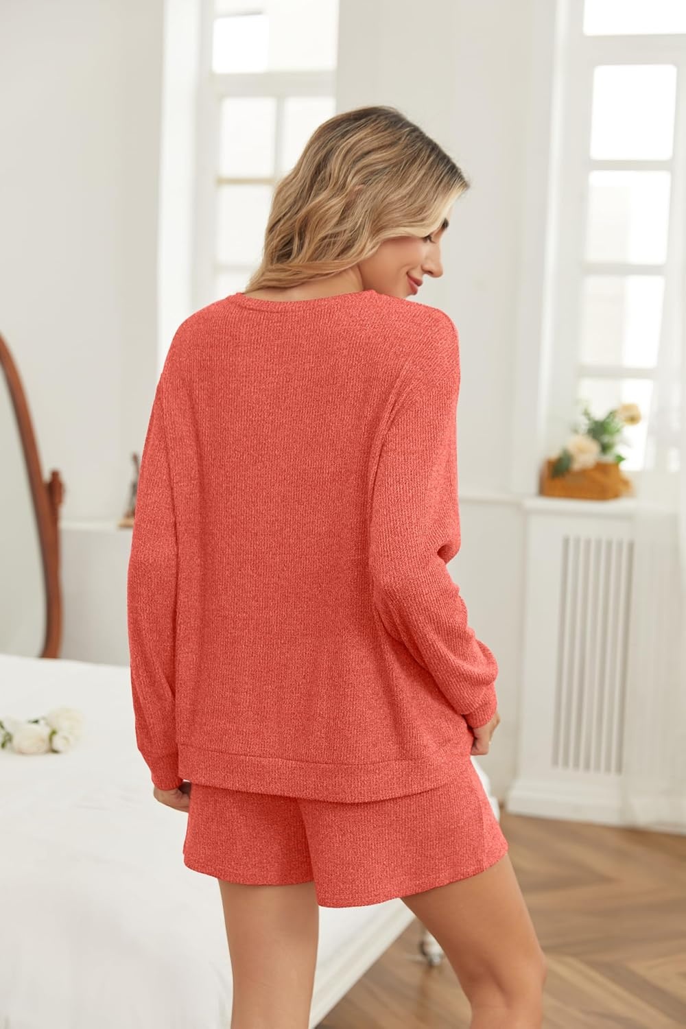 image:imageEkouaer Womens Pajama Sets Long Sleeve Top amp Shorts Matching Lounge Set Fall Outfits 2026 2 Piece Loungewear Stretchy Ribbed Fuzzy Sleepwear Suitable Cozy Home Wear Travel Vacation AirportRed Christmas