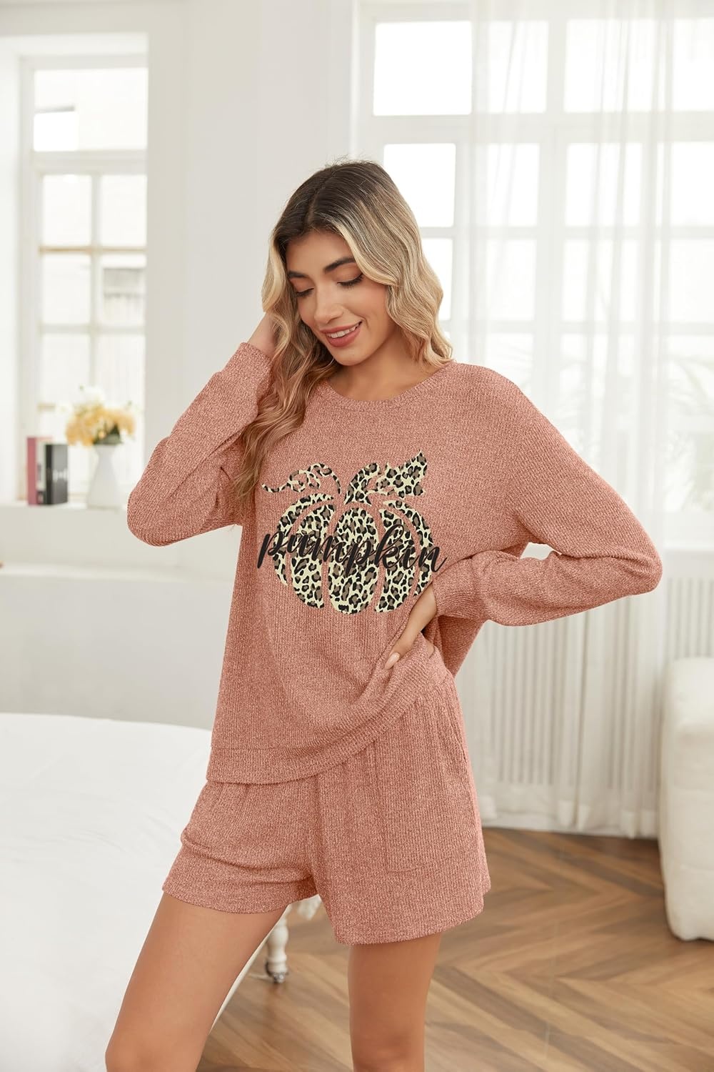 image:imageEkouaer Womens Pajama Sets Long Sleeve Top amp Shorts Matching Lounge Set Fall Outfits 2026 2 Piece Loungewear Stretchy Ribbed Fuzzy Sleepwear Suitable Cozy Home Wear Travel Vacation AirportCaramel Pumpkin