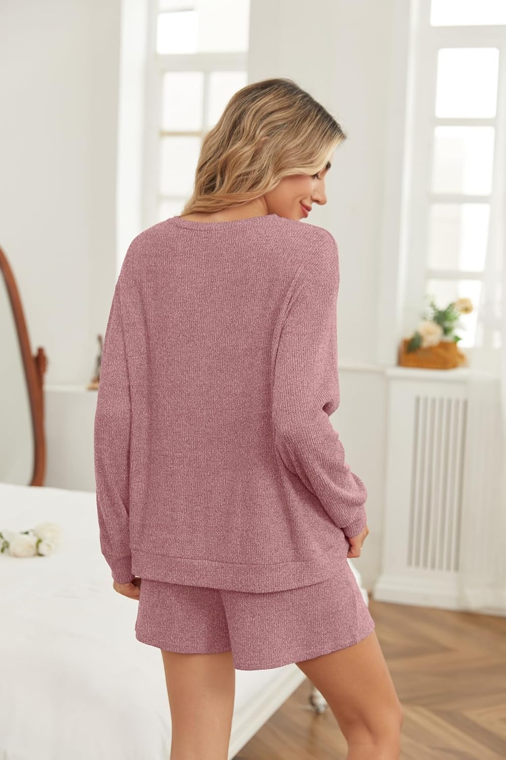 image:imageEkouaer Womens Pajama Sets Long Sleeve Top amp Shorts Matching Lounge Set Fall Outfits 2026 2 Piece Loungewear Stretchy Ribbed Fuzzy Sleepwear Suitable Cozy Home Wear Travel Vacation AirportDusty Purple La