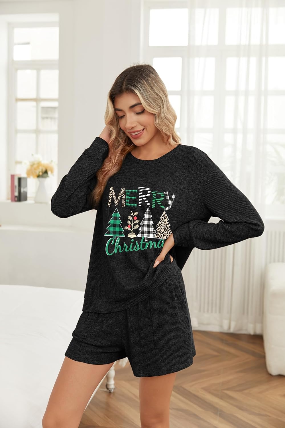 image:imageEkouaer Womens Pajama Sets Long Sleeve Top amp Shorts Matching Lounge Set Fall Outfits 2026 2 Piece Loungewear Stretchy Ribbed Fuzzy Sleepwear Suitable Cozy Home Wear Travel Vacation AirportBlack Christmas