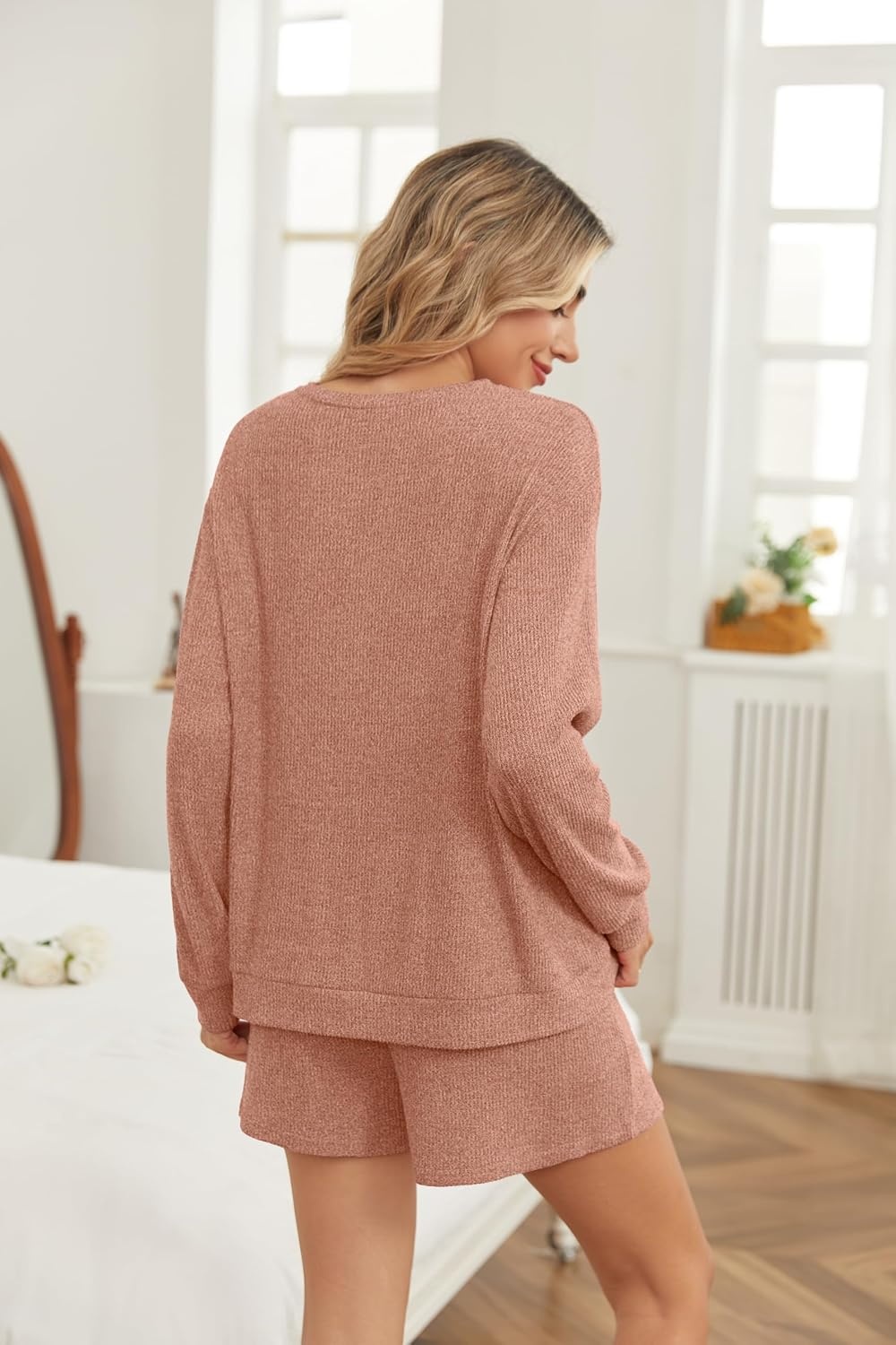 image:imageEkouaer Womens Pajama Sets Long Sleeve Top amp Shorts Matching Lounge Set Fall Outfits 2026 2 Piece Loungewear Stretchy Ribbed Fuzzy Sleepwear Suitable Cozy Home Wear Travel Vacation AirportCaramel Pumpkin