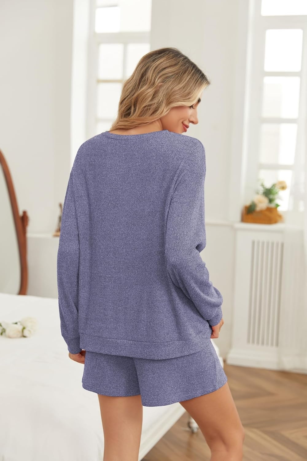image:imageEkouaer Womens Pajama Sets Long Sleeve Top amp Shorts Matching Lounge Set Fall Outfits 2026 2 Piece Loungewear Stretchy Ribbed Fuzzy Sleepwear Suitable Cozy Home Wear Travel Vacation AirportBlue Bear