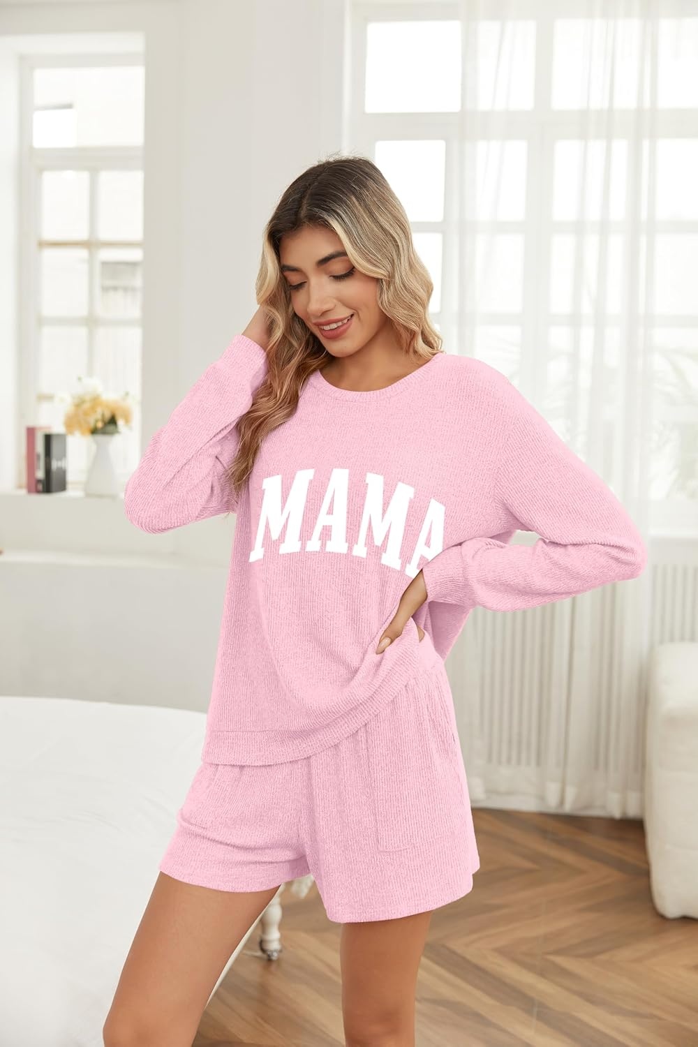 image:imageEkouaer Womens Pajama Sets Long Sleeve Top amp Shorts Matching Lounge Set Fall Outfits 2026 2 Piece Loungewear Stretchy Ribbed Fuzzy Sleepwear Suitable Cozy Home Wear Travel Vacation AirportPink Mama