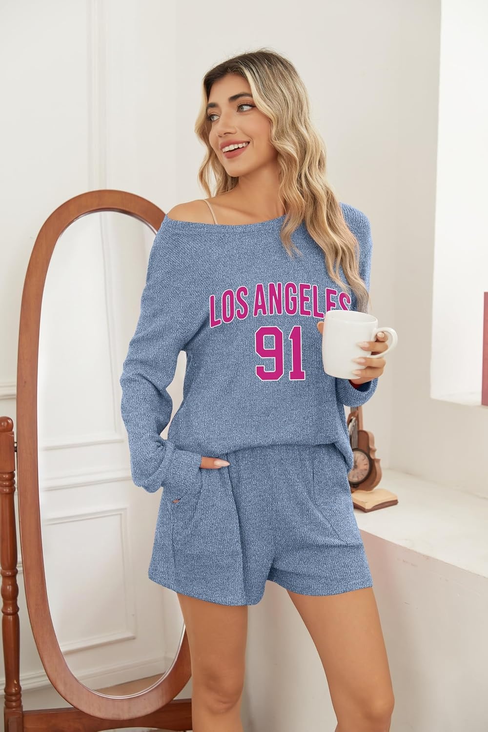 image:imageEkouaer Womens Pajama Sets Long Sleeve Top amp Shorts Matching Lounge Set Fall Outfits 2026 2 Piece Loungewear Stretchy Ribbed Fuzzy Sleepwear Suitable Cozy Home Wear Travel Vacation AirportBlue