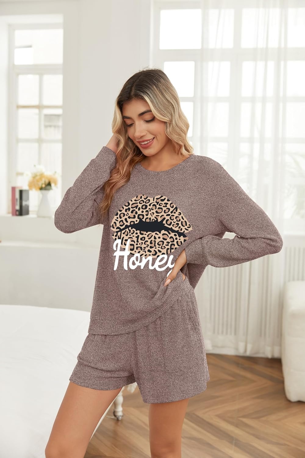 image:imageEkouaer Womens Pajama Sets Long Sleeve Top amp Shorts Matching Lounge Set Fall Outfits 2026 2 Piece Loungewear Stretchy Ribbed Fuzzy Sleepwear Suitable Cozy Home Wear Travel Vacation AirportBrown