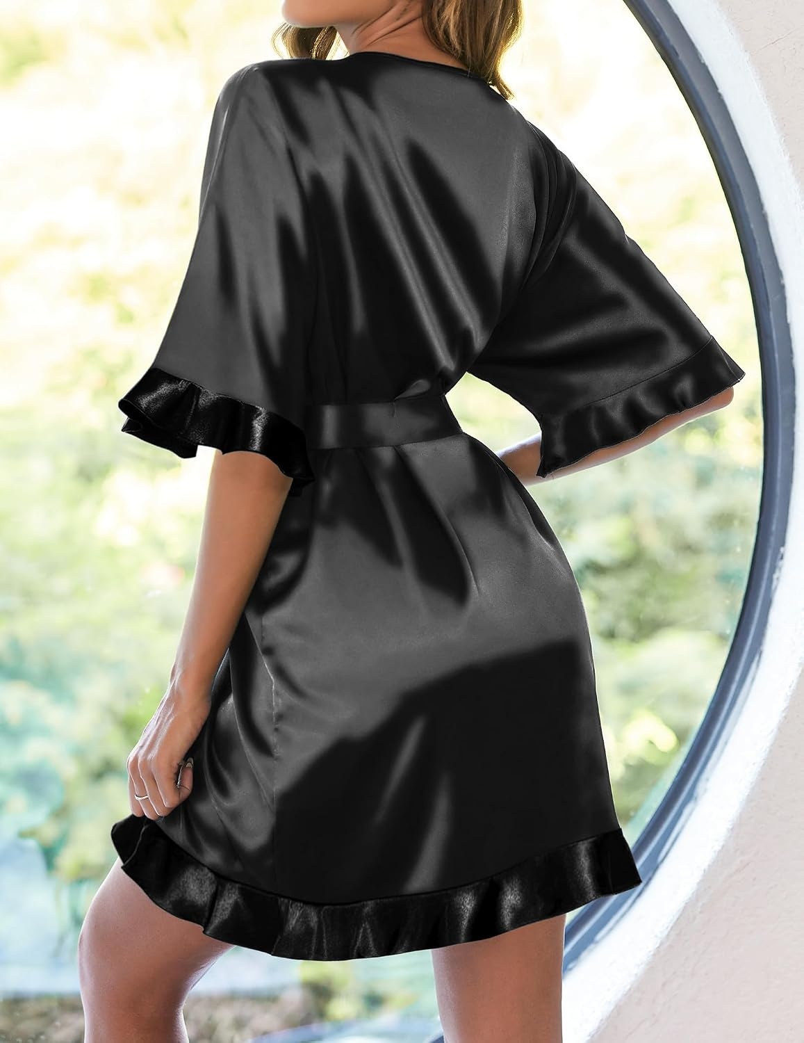 image:imageEkouaer Womens Silk Robe Short Satin Kimono Bathrobe Bridesmaid Sleepwear Half Sleeve Ruffle Comfy Wedding Party Dressing Gown TabovekneelengthBlack