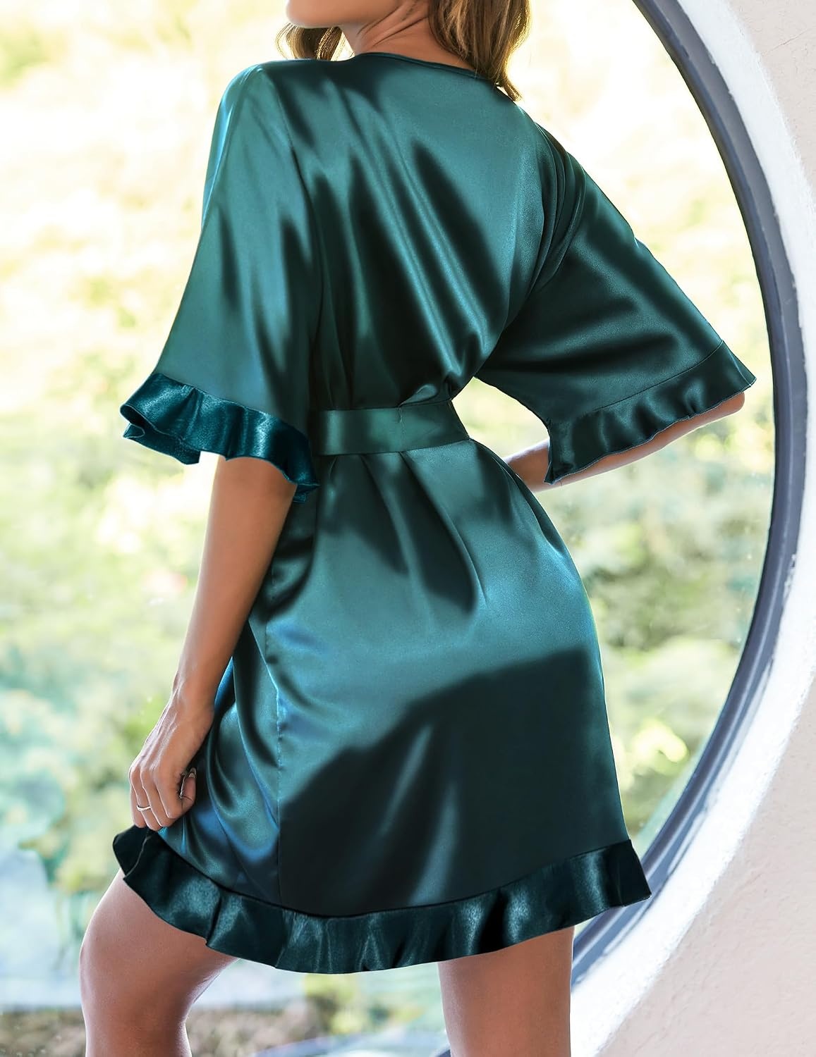 image:imageEkouaer Womens Silk Robe Short Satin Kimono Bathrobe Bridesmaid Sleepwear Half Sleeve Ruffle Comfy Wedding Party Dressing Gown TabovekneelengthDeep Green