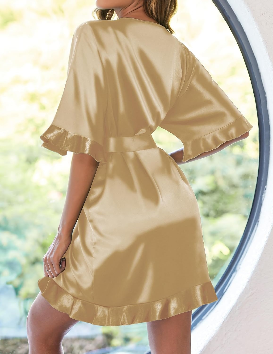 image:imageEkouaer Womens Silk Robe Short Satin Kimono Bathrobe Bridesmaid Sleepwear Half Sleeve Ruffle Comfy Wedding Party Dressing Gown TabovekneelengthGold