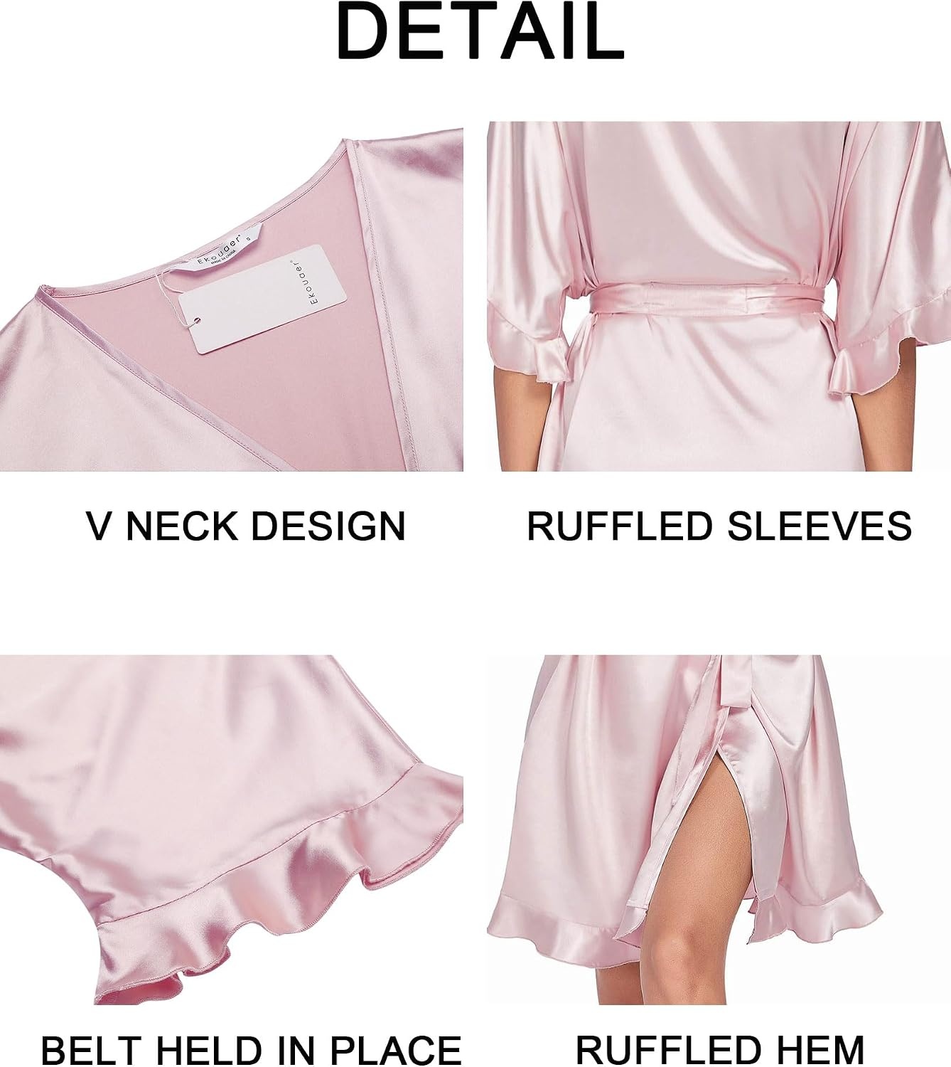 image:imageEkouaer Womens Silk Robe Short Satin Kimono Bathrobe Bridesmaid Sleepwear Half Sleeve Ruffle Comfy Wedding Party Dressing Gown TabovekneelengthLeopard Print