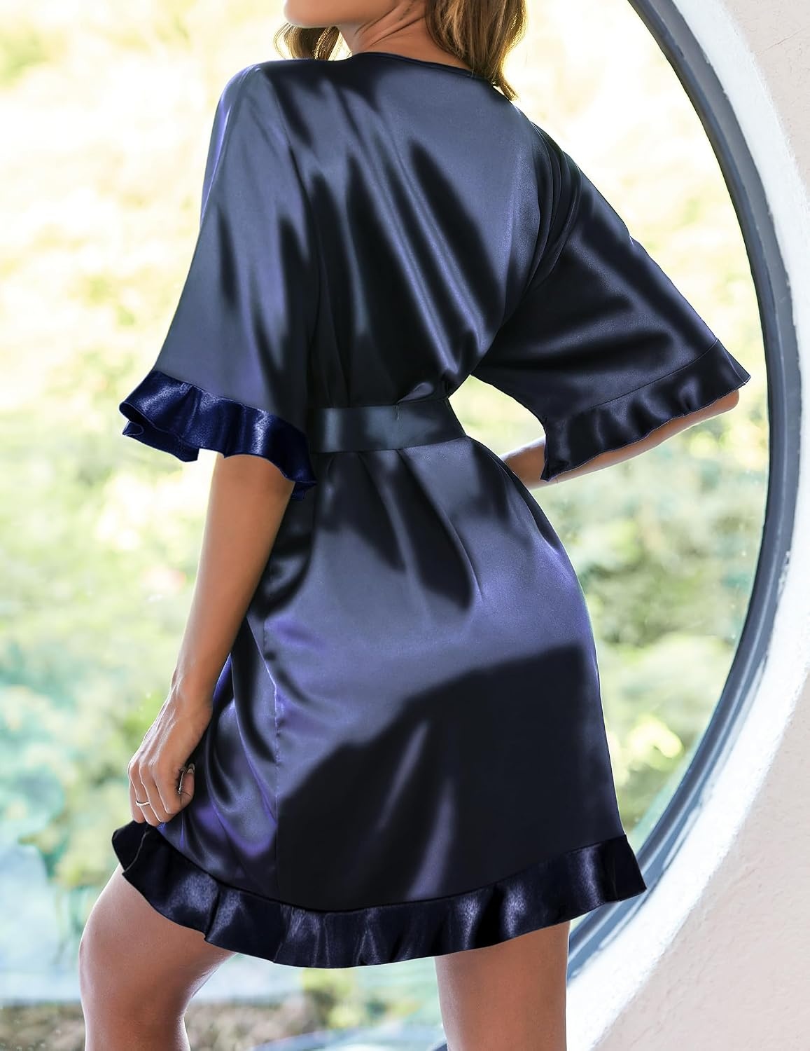 image:imageEkouaer Womens Silk Robe Short Satin Kimono Bathrobe Bridesmaid Sleepwear Half Sleeve Ruffle Comfy Wedding Party Dressing Gown TabovekneelengthNavy Blue