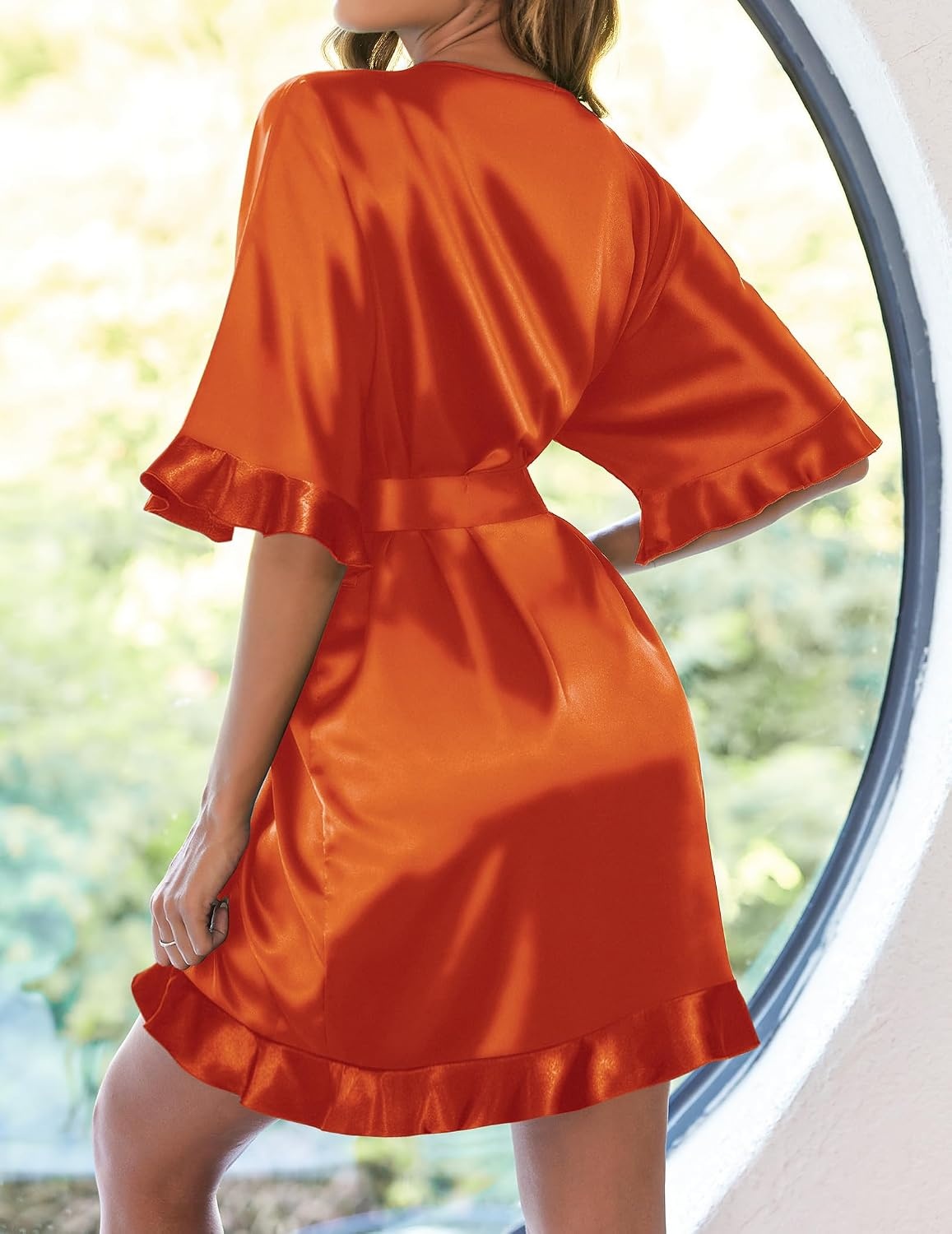 image:imageEkouaer Womens Silk Robe Short Satin Kimono Bathrobe Bridesmaid Sleepwear Half Sleeve Ruffle Comfy Wedding Party Dressing Gown TabovekneelengthOrange