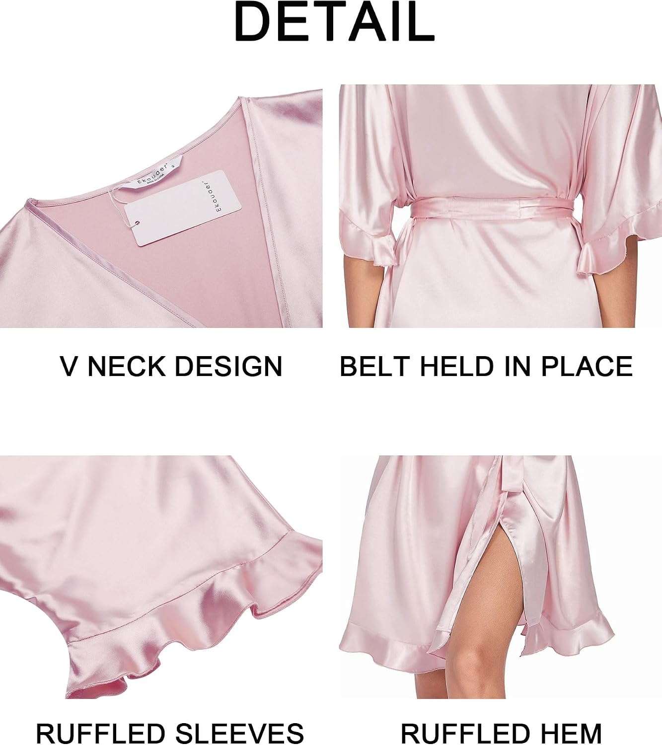 image:imageEkouaer Womens Silk Robe Short Satin Kimono Bathrobe Bridesmaid Sleepwear Half Sleeve Ruffle Comfy Wedding Party Dressing Gown TabovekneelengthPink
