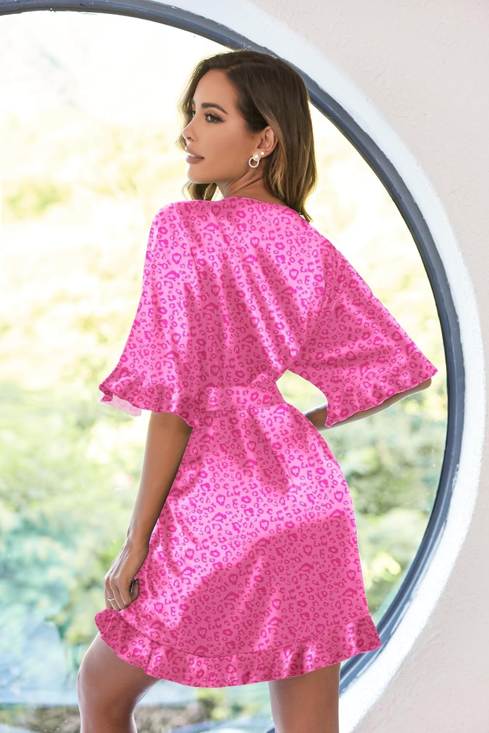 image:imageEkouaer Womens Silk Robe Short Satin Kimono Bathrobe Bridesmaid Sleepwear Half Sleeve Ruffle Comfy Wedding Party Dressing Gown TabovekneelengthPink Leopard Print
