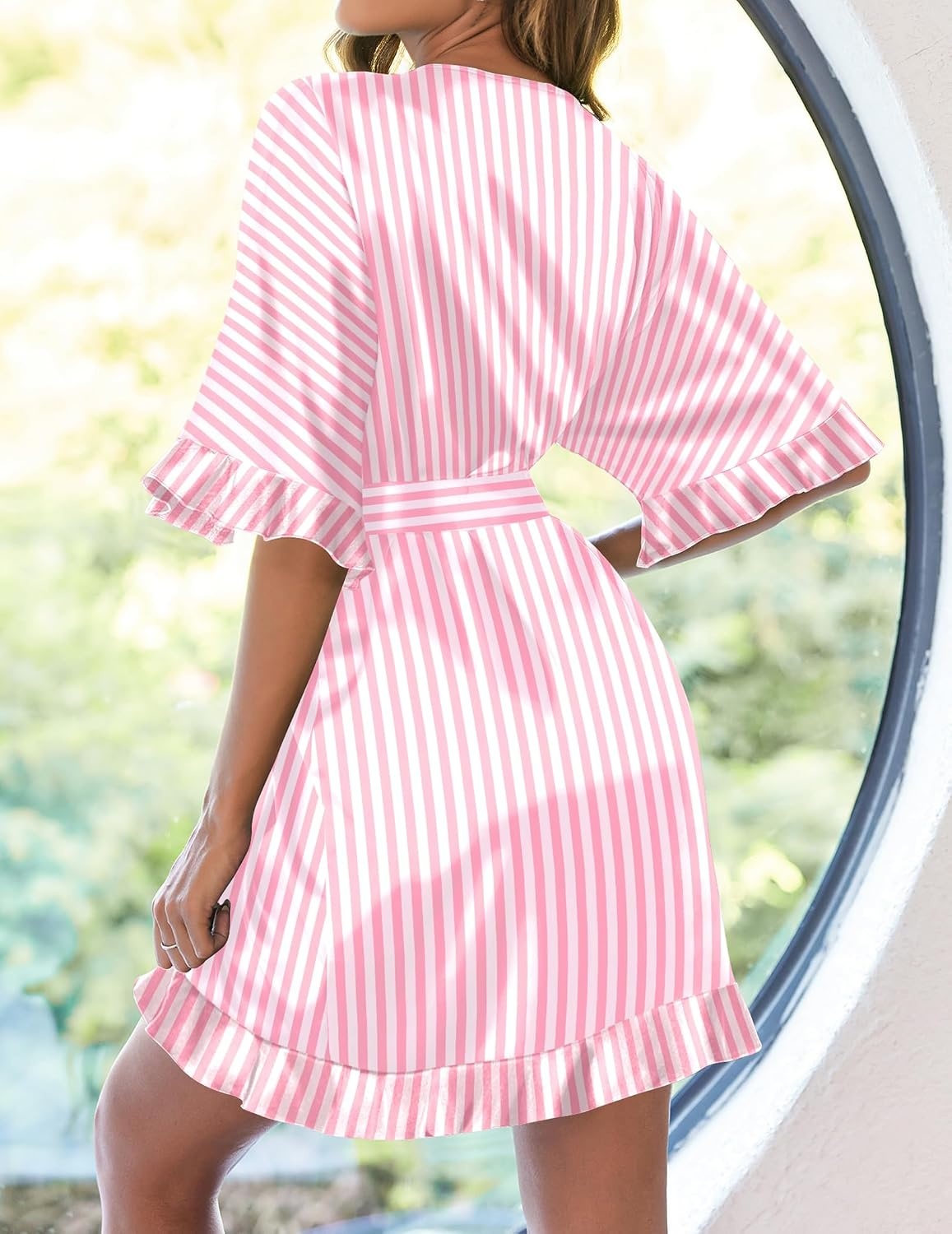 image:imageEkouaer Womens Silk Robe Short Satin Kimono Bathrobe Bridesmaid Sleepwear Half Sleeve Ruffle Comfy Wedding Party Dressing Gown TabovekneelengthPink White Stripes