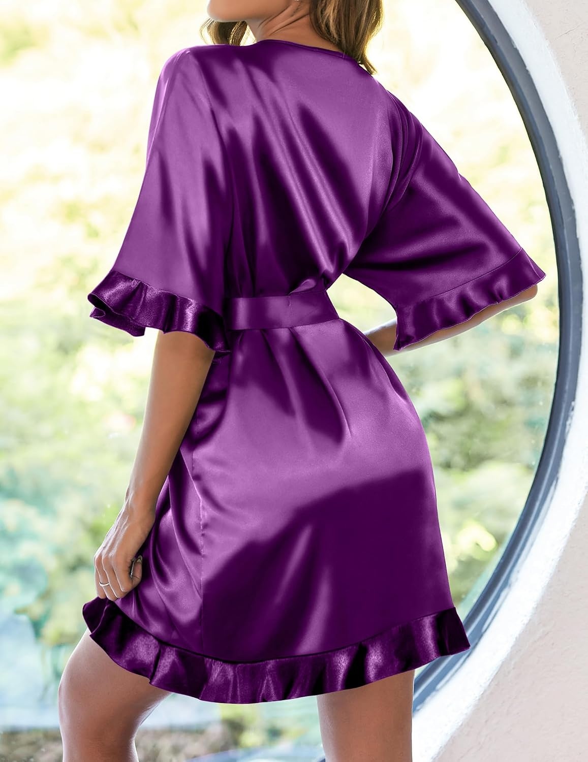 image:imageEkouaer Womens Silk Robe Short Satin Kimono Bathrobe Bridesmaid Sleepwear Half Sleeve Ruffle Comfy Wedding Party Dressing Gown TabovekneelengthPurple