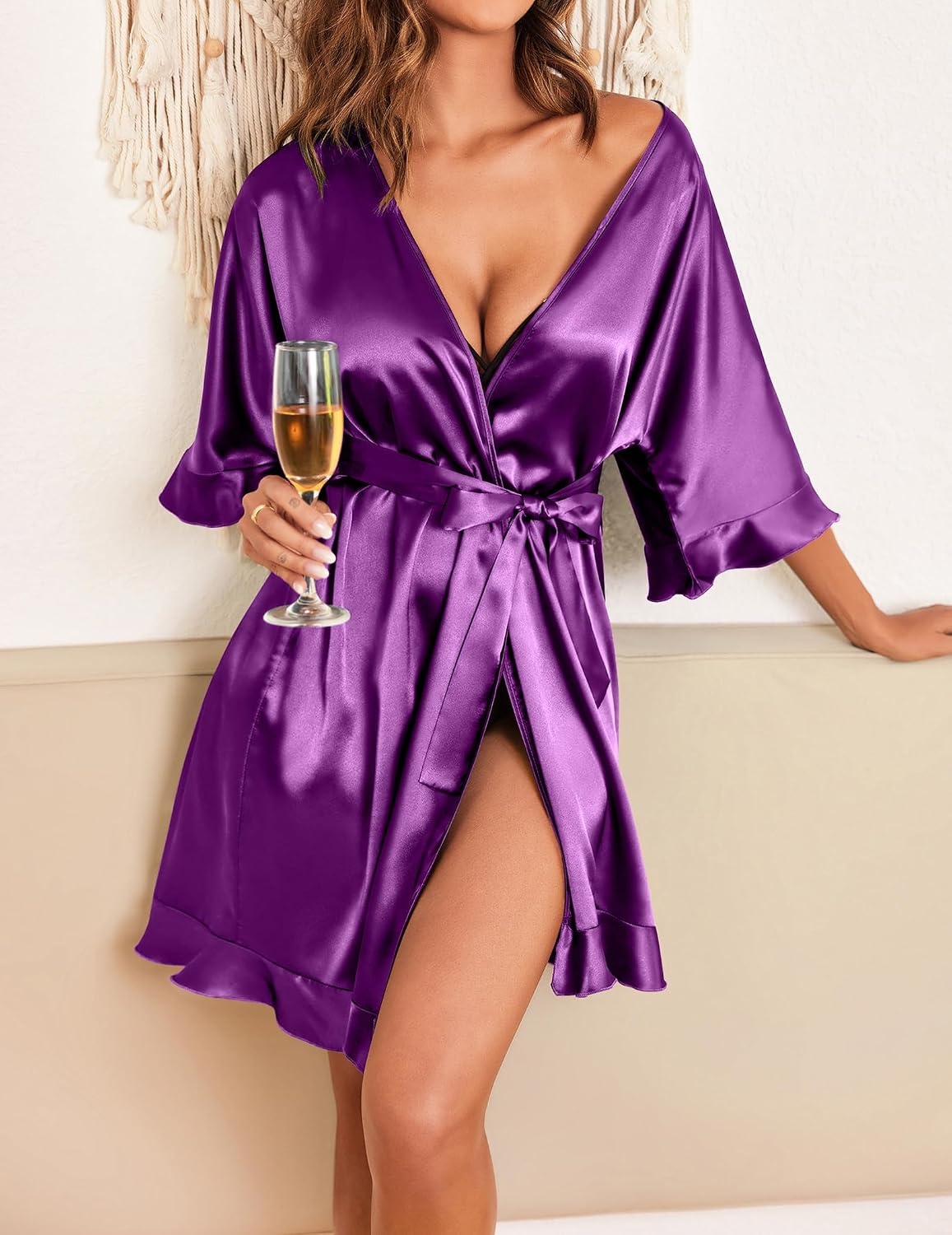 image:imageEkouaer Womens Silk Robe Short Satin Kimono Bathrobe Bridesmaid Sleepwear Half Sleeve Ruffle Comfy Wedding Party Dressing Gown TabovekneelengthPurple