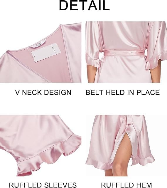 image:imageEkouaer Womens Silk Robe Short Satin Kimono Bathrobe Bridesmaid Sleepwear Half Sleeve Ruffle Comfy Wedding Party Dressing Gown TabovekneelengthPurple