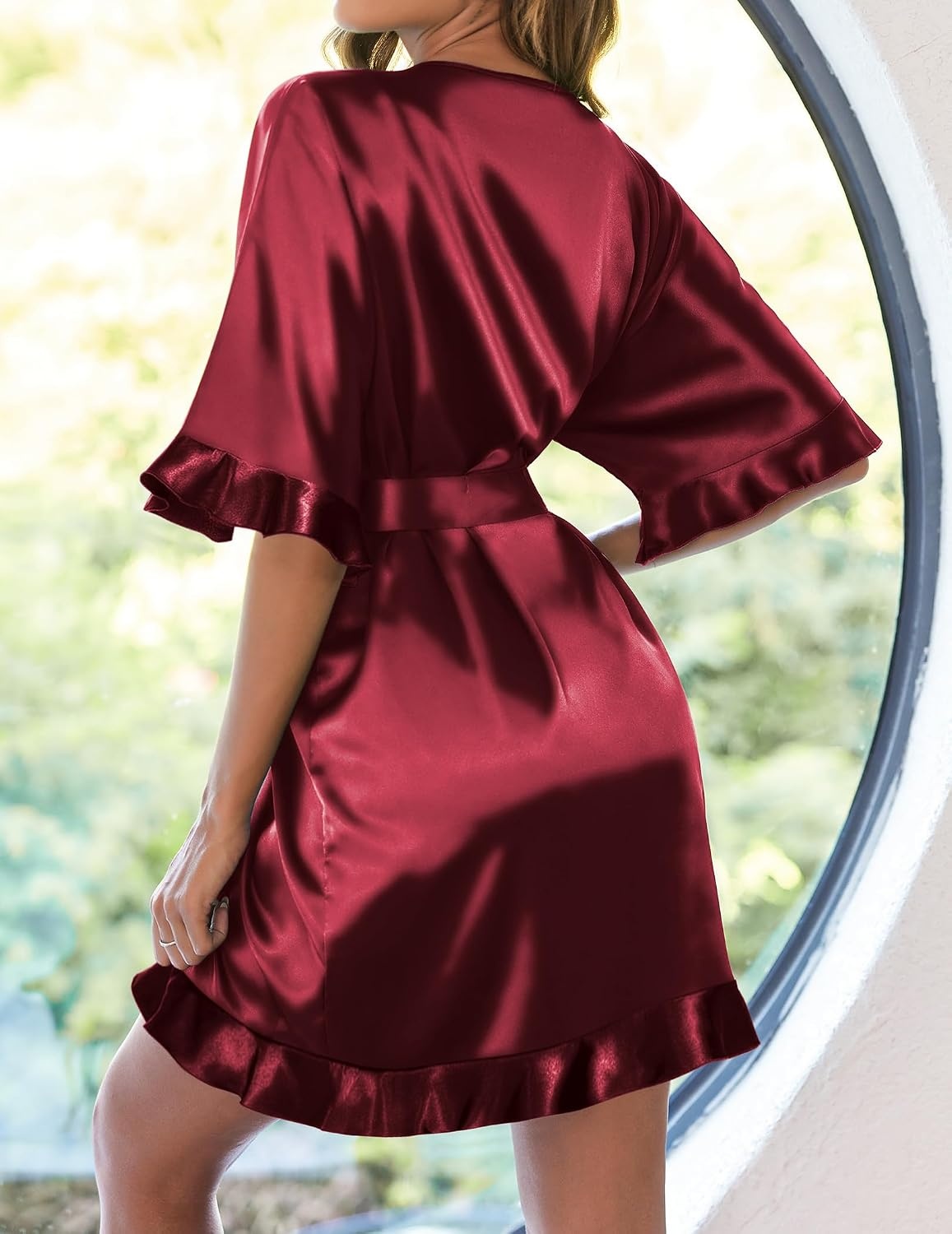 image:imageEkouaer Womens Silk Robe Short Satin Kimono Bathrobe Bridesmaid Sleepwear Half Sleeve Ruffle Comfy Wedding Party Dressing Gown TabovekneelengthWine Red