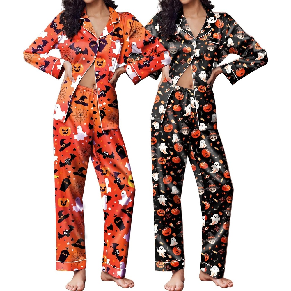 image:imageEkouaer 2 Pack Pajamas for Women Set Silk Lounge Sets Button Up Pj Sets Satin Womens Pajama Sets Classic Notch Neck Shirt Soft Sleepwear Button Down Pjs Chest Pocket Bridal Party Casual LoungewearOrange Halloween Black Halloween