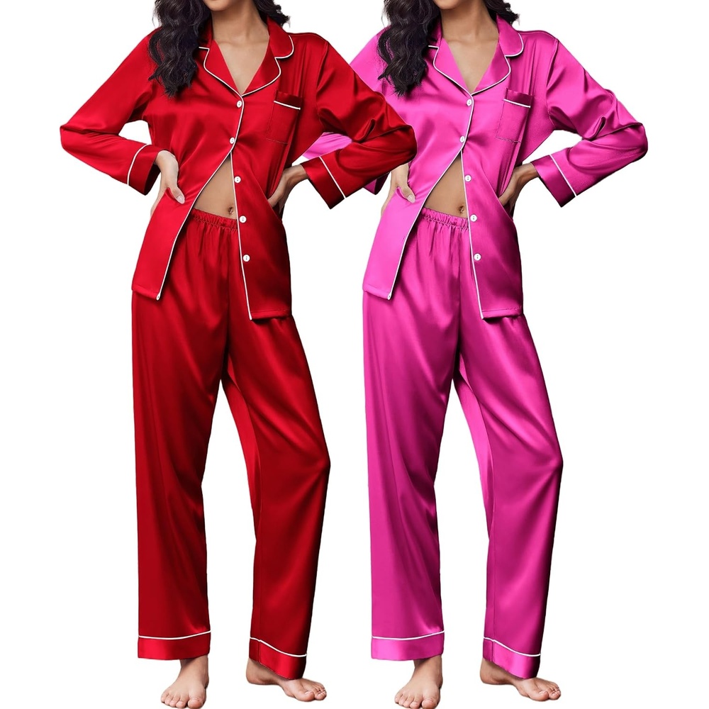 image:imageEkouaer 2 Pack Pajamas for Women Set Silk Lounge Sets Button Up Pj Sets Satin Womens Pajama Sets Classic Notch Neck Shirt Soft Sleepwear Button Down Pjs Chest Pocket Bridal Party Casual LoungewearRoseRed