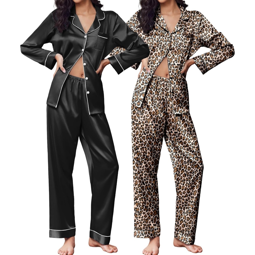 image:imageEkouaer 2 Pack Pajamas for Women Set Silk Lounge Sets Button Up Pj Sets Satin Womens Pajama Sets Classic Notch Neck Shirt Soft Sleepwear Button Down Pjs Chest Pocket Bridal Party Casual LoungewearBlackLeopard