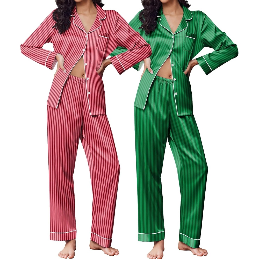 image:imageEkouaer 2 Pack Pajamas for Women Set Silk Lounge Sets Button Up Pj Sets Satin Womens Pajama Sets Classic Notch Neck Shirt Soft Sleepwear Button Down Pjs Chest Pocket Bridal Party Casual LoungewearGreen Stripes Red Stripes1