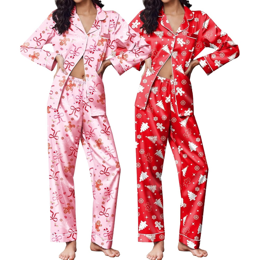 image:imageEkouaer 2 Pack Pajamas for Women Set Silk Lounge Sets Button Up Pj Sets Satin Womens Pajama Sets Classic Notch Neck Shirt Soft Sleepwear Button Down Pjs Chest Pocket Bridal Party Casual LoungewearPink Christmas Bows Red Christmas