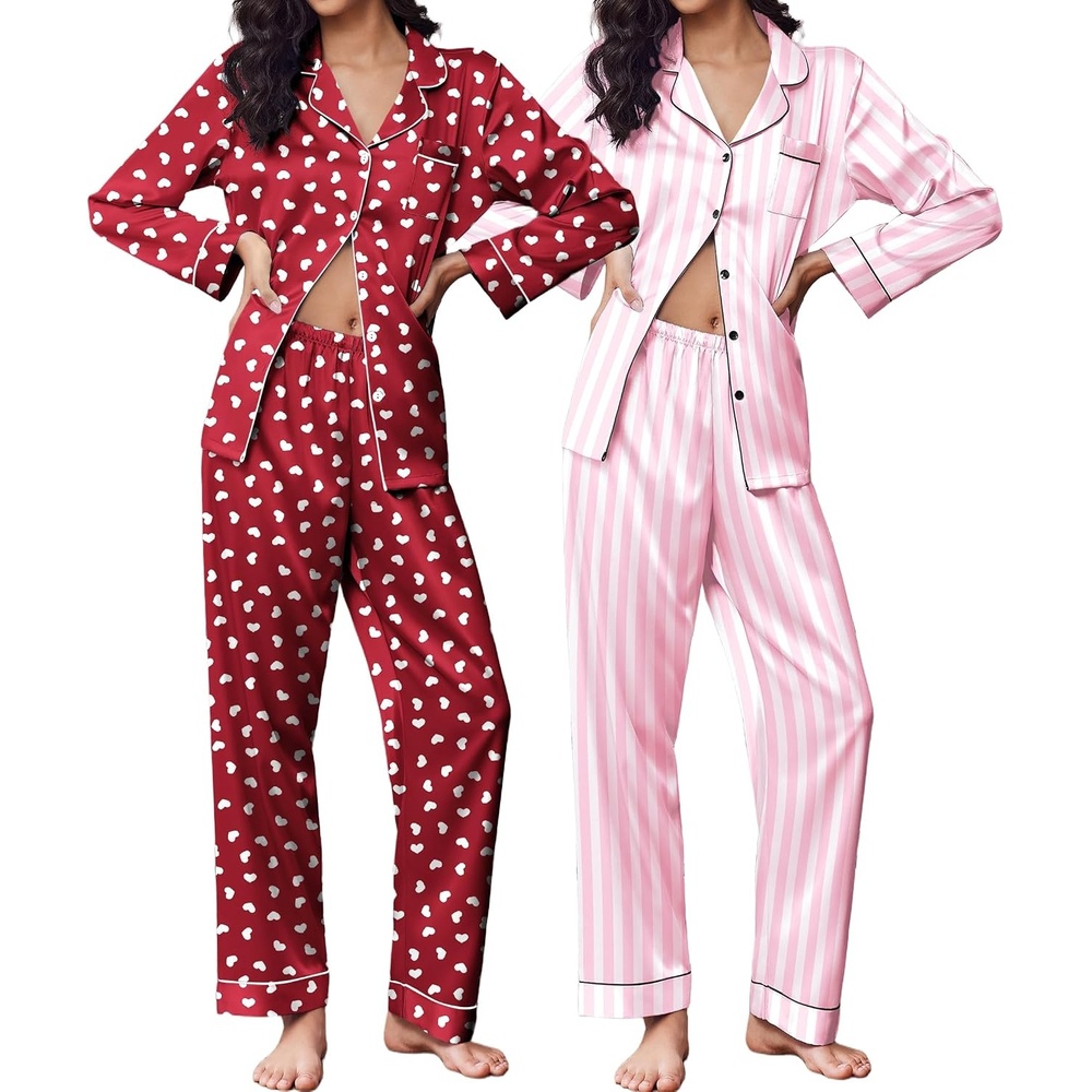 image:imageEkouaer 2 Pack Pajamas for Women Set Silk Lounge Sets Button Up Pj Sets Satin Womens Pajama Sets Classic Notch Neck Shirt Soft Sleepwear Button Down Pjs Chest Pocket Bridal Party Casual LoungewearPink StripesRed White Heart