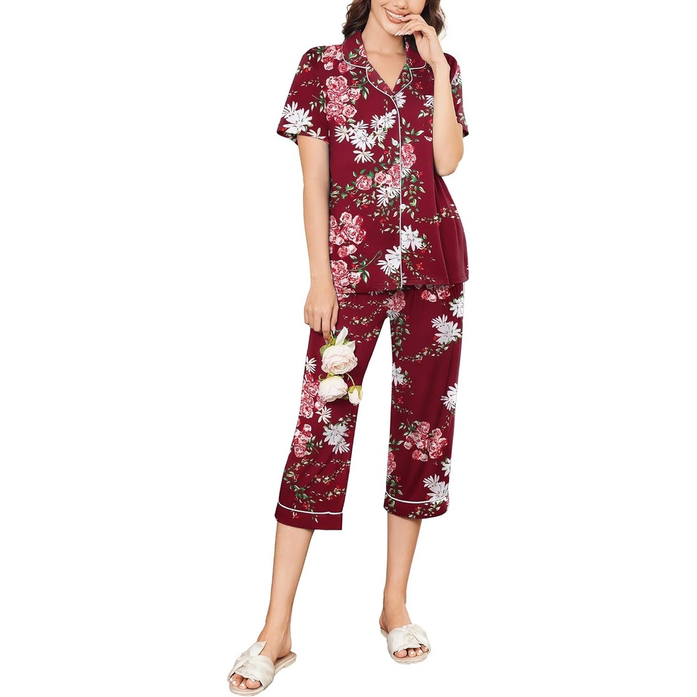image:imageEkouaer Capri Pajamas for Women Short Sleeve Button Down Sleepwear Comfy Lounge Set 2Piece Pants Pjs Capri Pants With PocketsChest PocketNotch CollarContrast PipingsSleepwear For Home LoungwearWeddingPartyampBreastfeedingWine Red White Pink