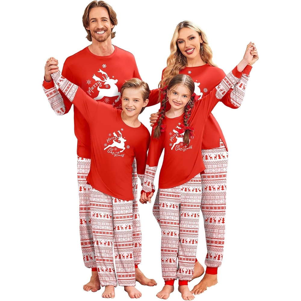 image:imageEkouaer Family Christmas Pajamas Matching Sets with Print Tops and PantsRed White Elk