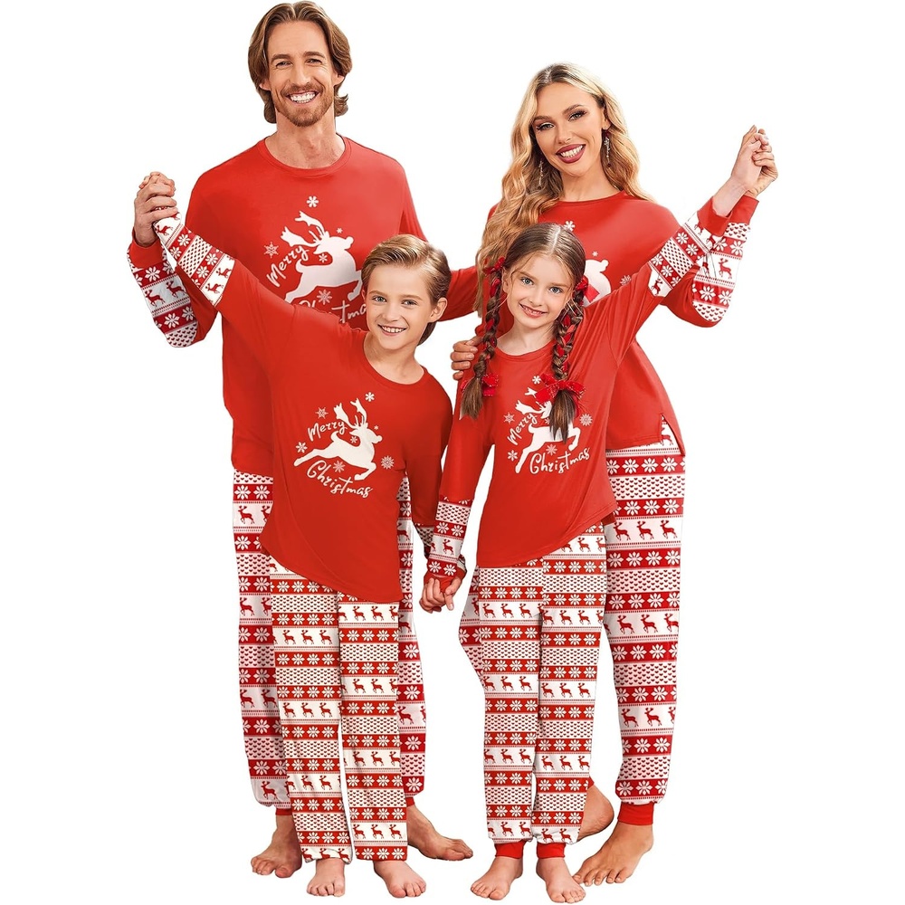 image:imageEkouaer Family Christmas Pajamas Matching Sets with Print Tops and PantsRed White Reindeer