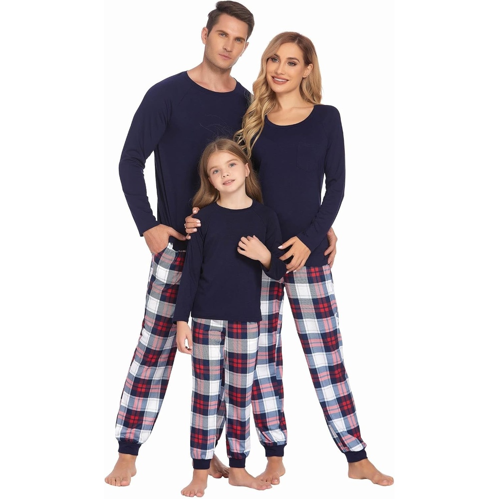 image:imageEkouaer Family Matching Pajamas Christmas Sleepwear Long Sleeve Sleep Pjs Matching PJs with Classic Scoop NeckSoft Family Loungewear Set with Plaid PantsChristmas Holiday for Casual Daily WearNavy