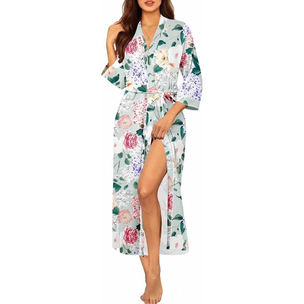 image:imageEkouaer Robes for Women Long Knit Bathrobe Soft 34 Sleeves Kimono Robe V Neck Pockets Calf Length Lightweight Material TieGreen Floral