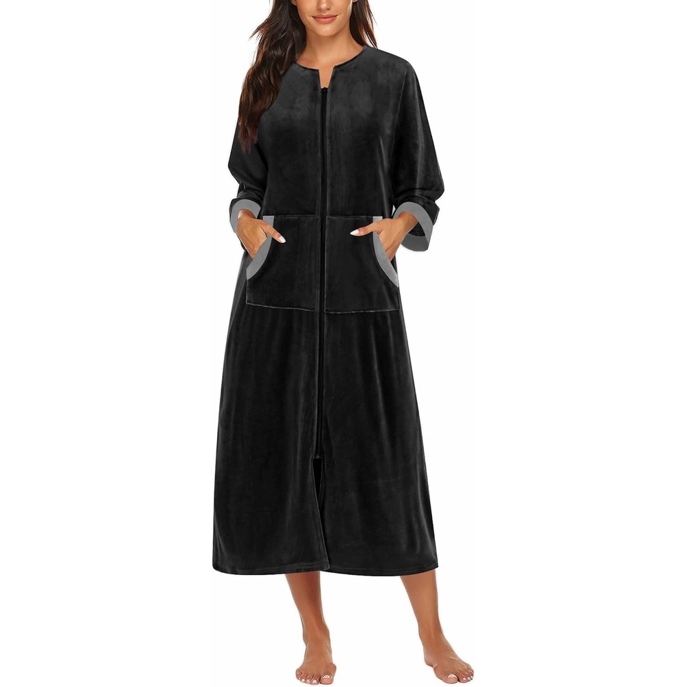 image:imageEkouaer Robes for Women Velour Zipper Robe 34 Sleeve Housecoat with Pocket  Full Length Loungewear Long Bathrobe Soft Warm Sleepwear for Home Daily Wear Easy on and offVelourblack