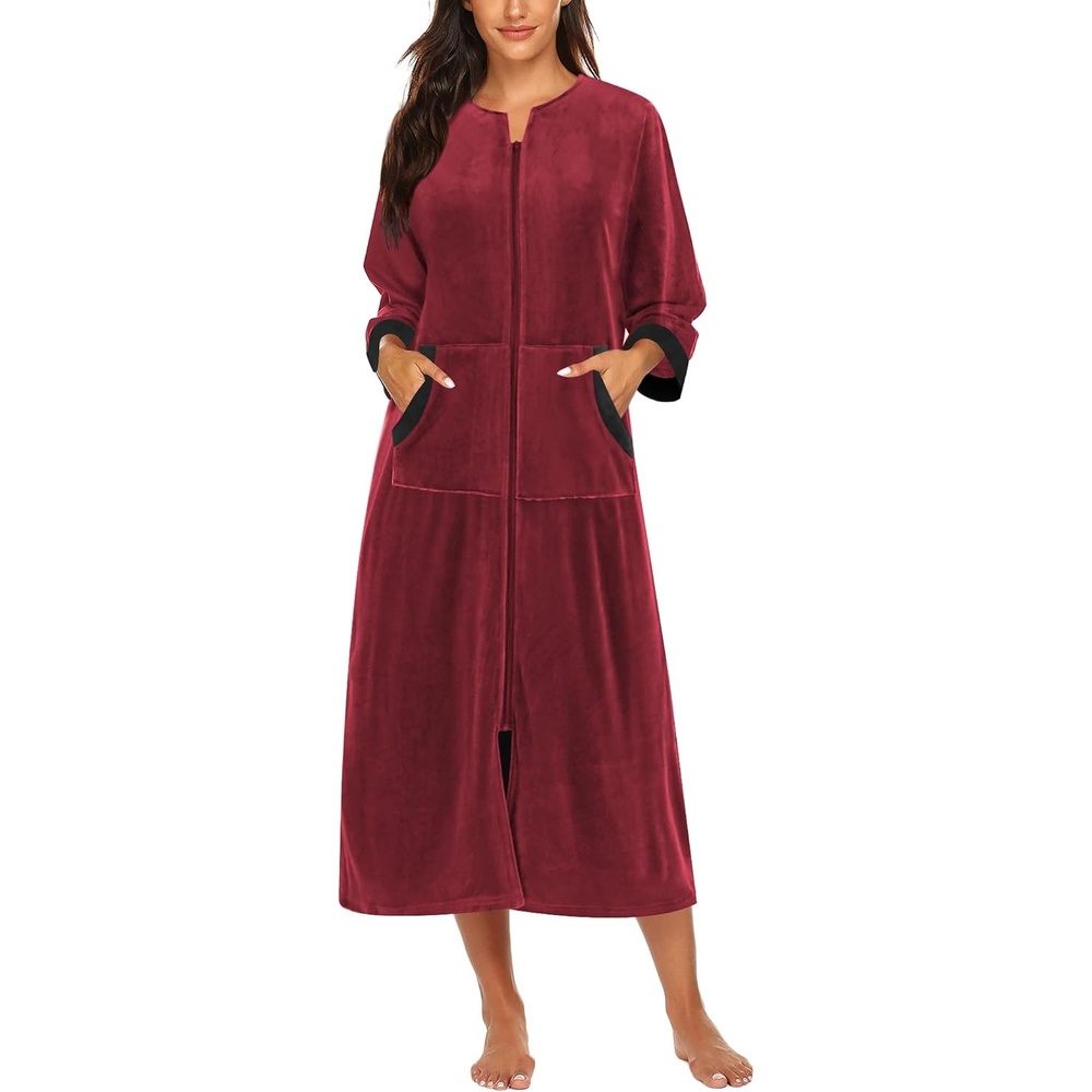 image:imageEkouaer Robes for Women Velour Zipper Robe 34 Sleeve Housecoat with Pocket  Full Length Loungewear Long Bathrobe Soft Warm Sleepwear for Home Daily Wear Easy on and offRed