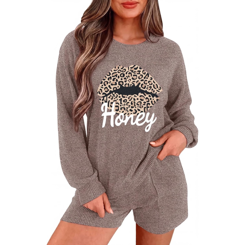 image:imageEkouaer Womens Pajama Sets Long Sleeve Top amp Shorts Matching Lounge Set Fall Outfits 2026 2 Piece Loungewear Stretchy Ribbed Fuzzy Sleepwear Suitable Cozy Home Wear Travel Vacation AirportBrown