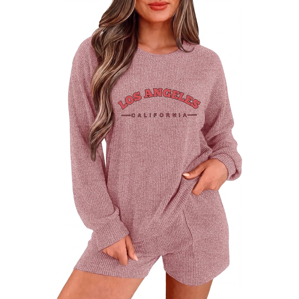 image:imageEkouaer Womens Pajama Sets Long Sleeve Top amp Shorts Matching Lounge Set Fall Outfits 2026 2 Piece Loungewear Stretchy Ribbed Fuzzy Sleepwear Suitable Cozy Home Wear Travel Vacation AirportDusty Purple La
