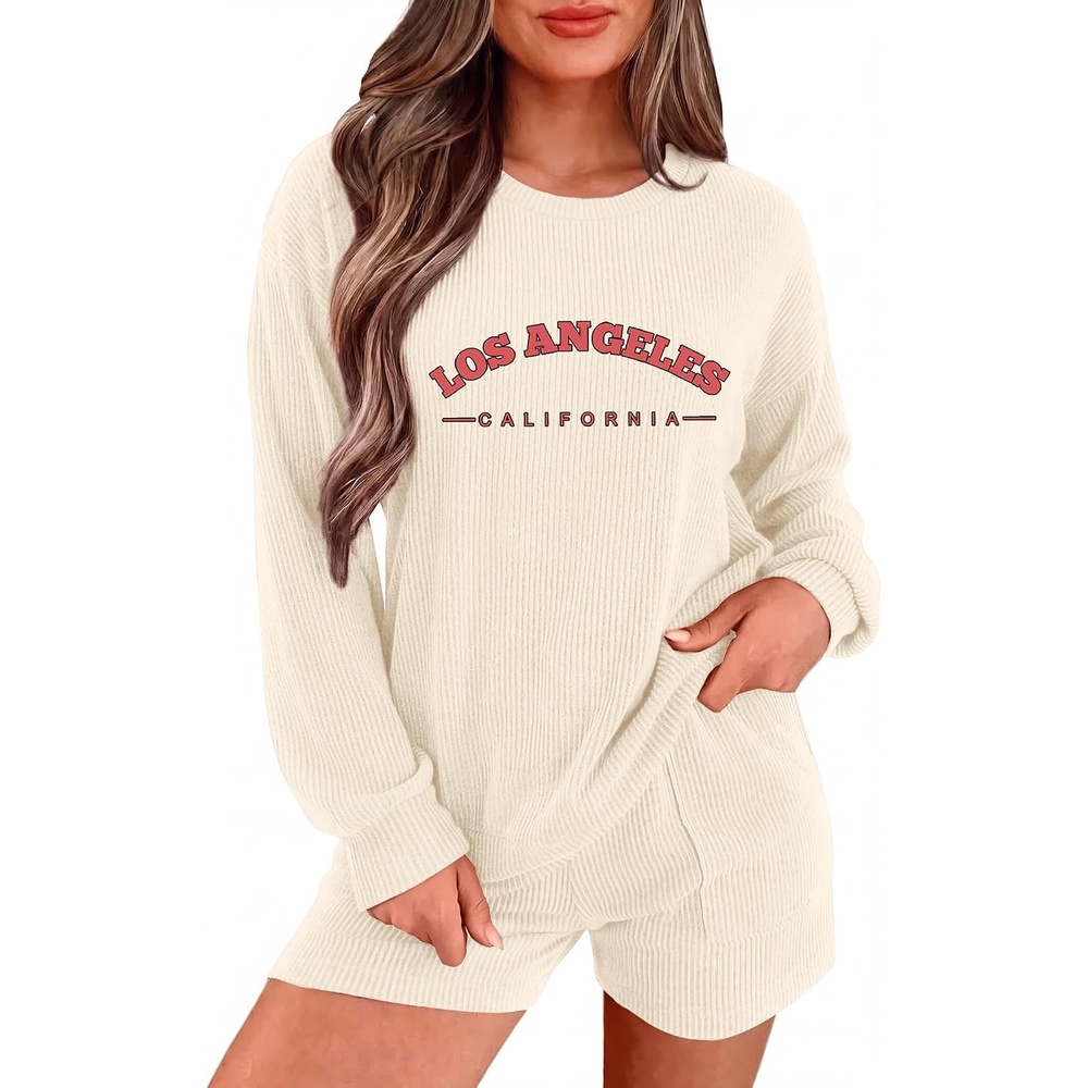 image:imageEkouaer Womens Pajama Sets Long Sleeve Top amp Shorts Matching Lounge Set Fall Outfits 2026 2 Piece Loungewear Stretchy Ribbed Fuzzy Sleepwear Suitable Cozy Home Wear Travel Vacation AirportBeige