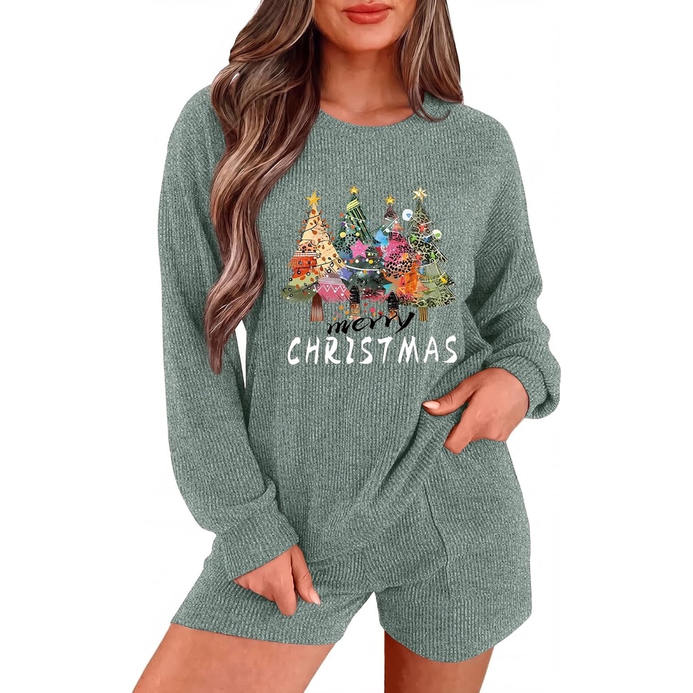 image:imageEkouaer Womens Pajama Sets Long Sleeve Top amp Shorts Matching Lounge Set Fall Outfits 2026 2 Piece Loungewear Stretchy Ribbed Fuzzy Sleepwear Suitable Cozy Home Wear Travel Vacation AirportGreen Christmas