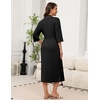 Ekouaer Robes for Women Long Knit Bathrobe Soft 3/4 Sleeves Kimono Robe | V Neck, Pockets, Calf Length, Lightweight Material, Tie(Black)
