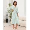 Ekouaer Robes for Women Long Knit Bathrobe Soft 3/4 Sleeves Kimono Robe | V Neck, Pockets, Calf Length, Lightweight Material, Tie(Green Daisy)