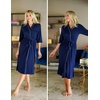 Ekouaer Robes for Women Long Knit Bathrobe Soft 3/4 Sleeves Kimono Robe | V Neck, Pockets, Calf Length, Lightweight Material, Tie(Navy Blue)