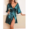Ekouaer Womens Silk Robe Short Satin Kimono Bathrobe Bridesmaid Sleepwear | Half Sleeve, Ruffle, Comfy, Wedding Party Dressing Gown, Tabove-knee-length(Deep Green)