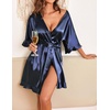 Ekouaer Womens Silk Robe Short Satin Kimono Bathrobe Bridesmaid Sleepwear | Half Sleeve, Ruffle, Comfy, Wedding Party Dressing Gown, Tabove-knee-length(Navy Blue)