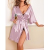 Ekouaer Womens Silk Robe Short Satin Kimono Bathrobe Bridesmaid Sleepwear | Half Sleeve, Ruffle, Comfy, Wedding Party Dressing Gown, Tabove-knee-length(Pink)