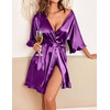 Ekouaer Womens Silk Robe Short Satin Kimono Bathrobe Bridesmaid Sleepwear | Half Sleeve, Ruffle, Comfy, Wedding Party Dressing Gown, Tabove-knee-length(Purple)