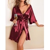 Ekouaer Womens Silk Robe Short Satin Kimono Bathrobe Bridesmaid Sleepwear | Half Sleeve, Ruffle, Comfy, Wedding Party Dressing Gown, Tabove-knee-length(Wine Red)