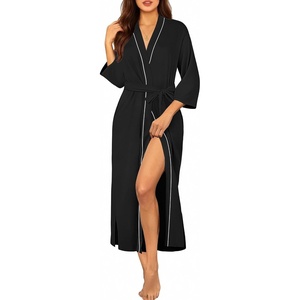 Ekouaer Robes for Women Long Knit Bathrobe Soft 3/4 Sleeves Kimono Robe | V Neck, Pockets, Calf Length, Lightweight Material, Tie(Black)