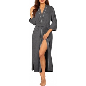 Ekouaer Robes for Women Long Knit Bathrobe Soft 3/4 Sleeves Kimono Robe | V Neck, Pockets, Calf Length, Lightweight Material, Tie(Deep Gray)