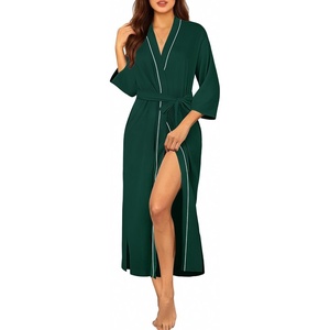 Ekouaer Robes for Women Long Knit Bathrobe Soft 3/4 Sleeves Kimono Robe | V Neck, Pockets, Calf Length, Lightweight Material, Tie(Deep Green)